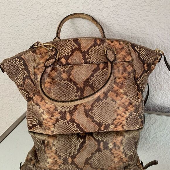 Michael Kors Riley Large Satchel Python Embossed Leather Handbag Brown, Tan - Picture 2 of 12